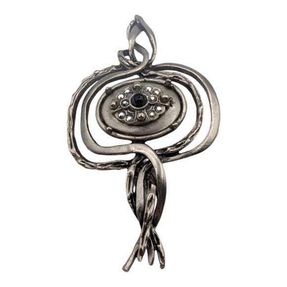Handcrafted Twisted Metal Brooch With Ornate Centerpiece Silver Tone Statement - Picture 5 of 9